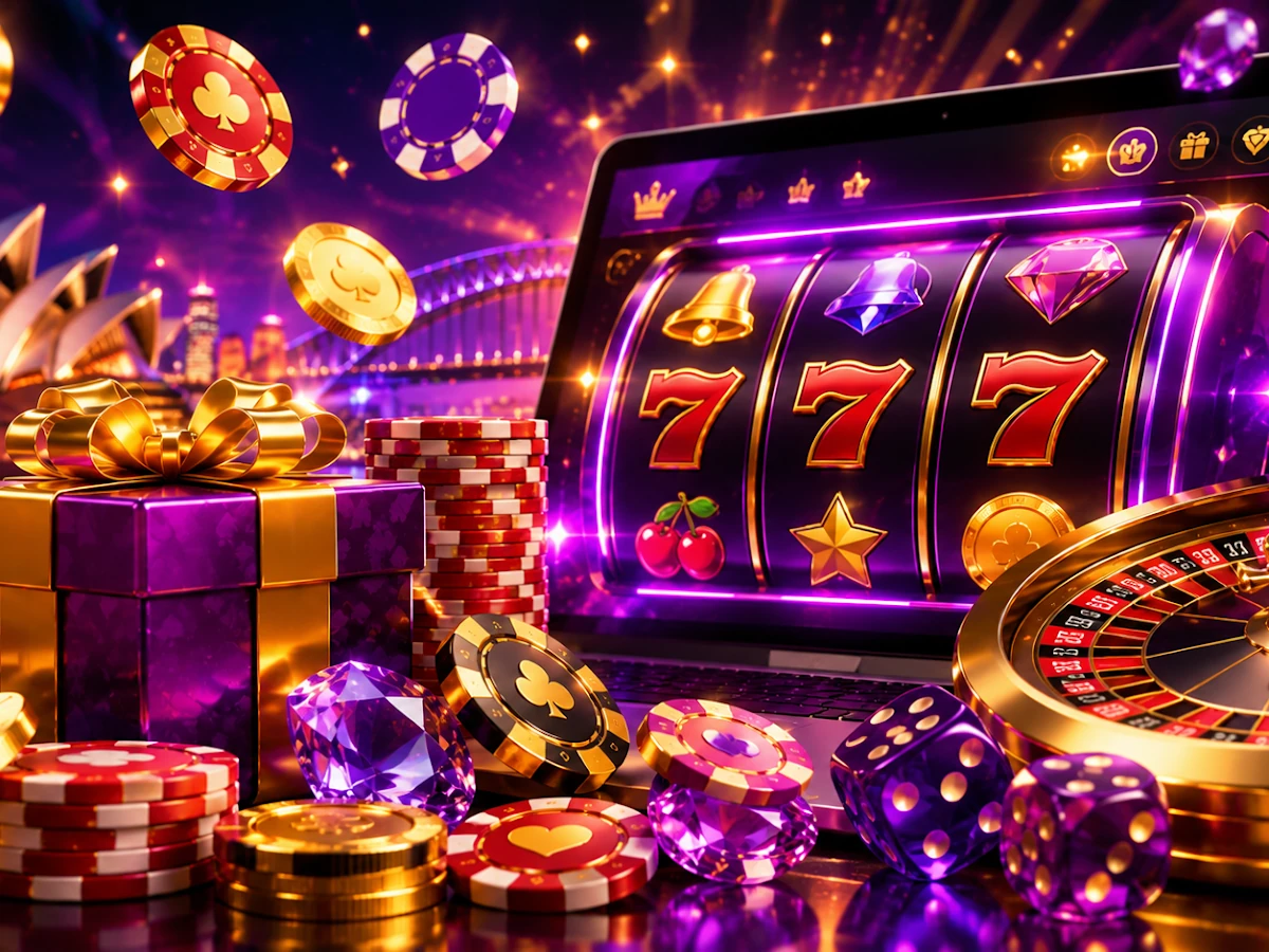 Tampilan bertema slot dengan reel dan simbol permainan